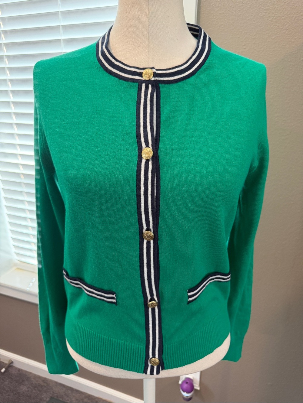 Women’s J. Crew Green Crewneck Cardigan with Navy Stripe Trim